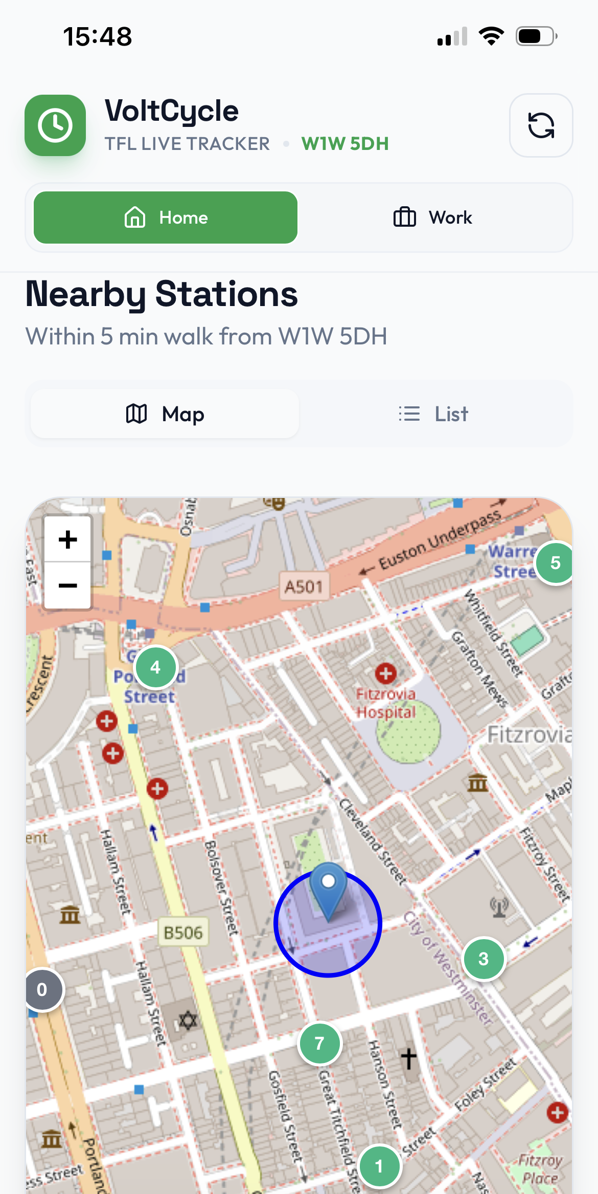 A map of Central London in an app with bike stations marked