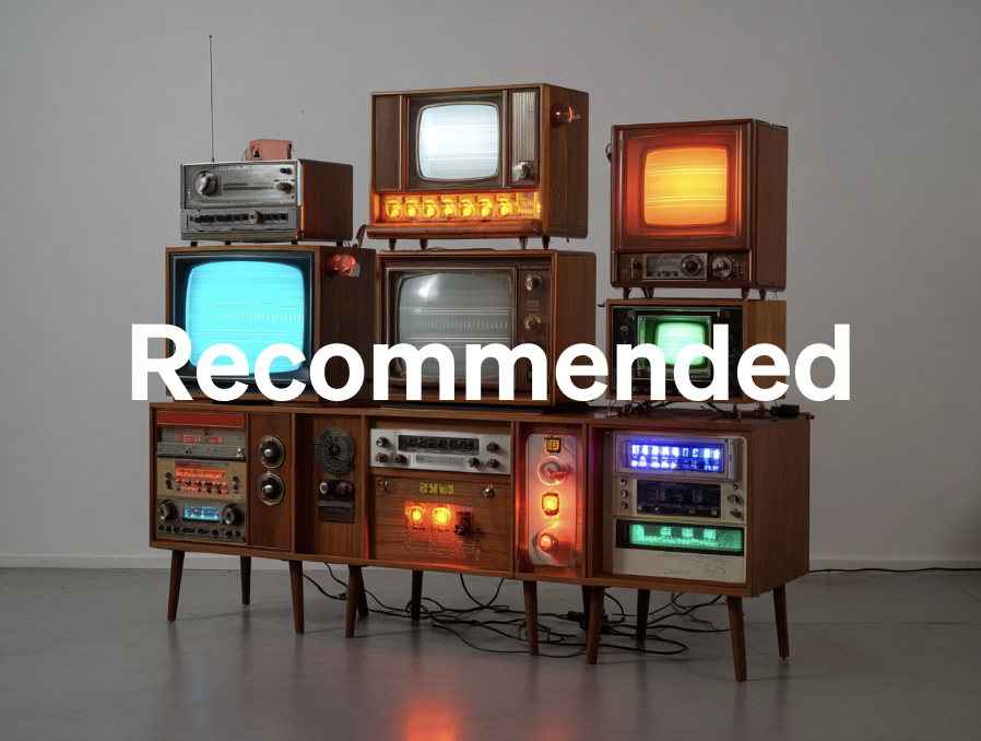 A group of fictional televisions, with bright colours and ancient cases. The word 'Recommended' superimposed on them.