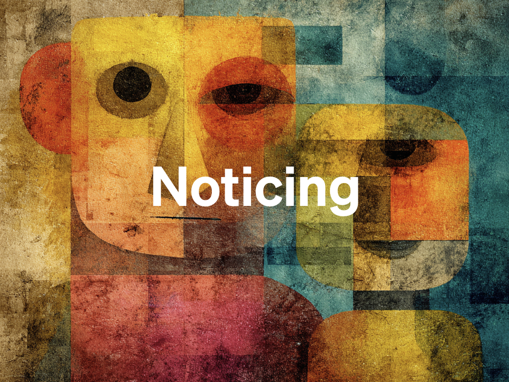 An illustration of two vaguely Easter Island figures with the word Noticing superimposed