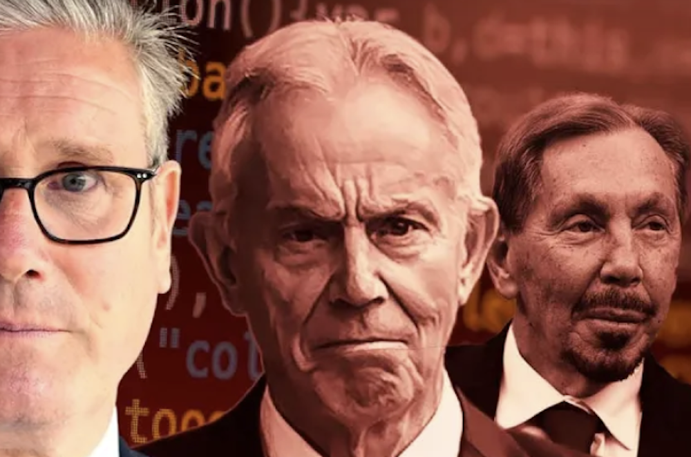 Slightly alarming faces of Keir Starmer, Tony Blair and Larry Ellison