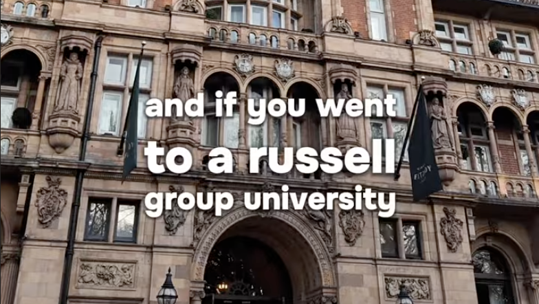 A shot of the former Hotel Russell and some text saying 'and if you went to a russell group university'