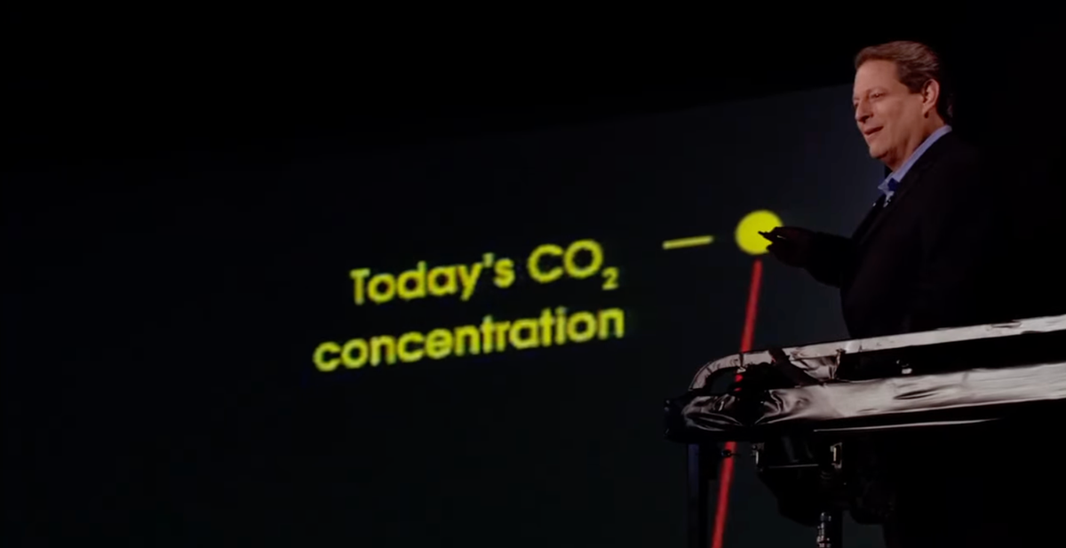 Al Gore on a scissor lift during his presentation of An Inconvenient Truth