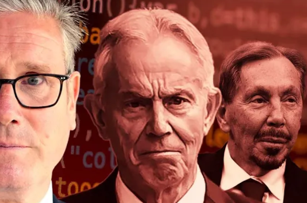Slightly alarming faces of Keir Starmer, Tony Blair and Larry Ellison