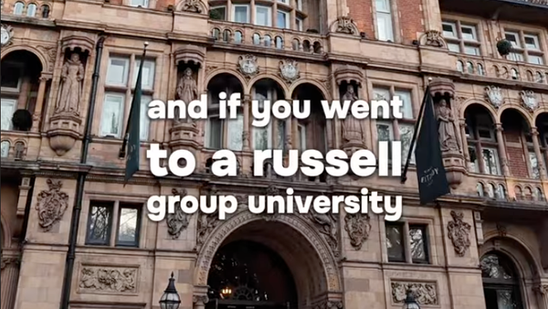 A shot of the former Hotel Russell and some text saying 'and if you went to a russell group university'