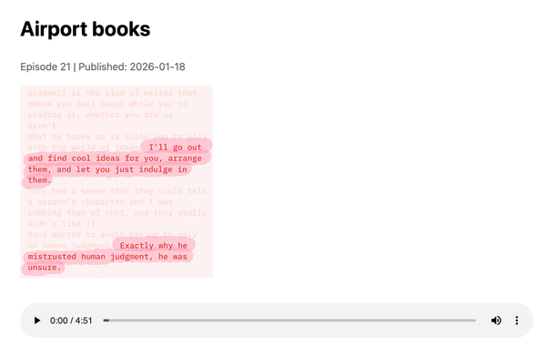 A screengrab - pink text on the right, some of it highlighted, the title 'Airport books' and an audio transport thing