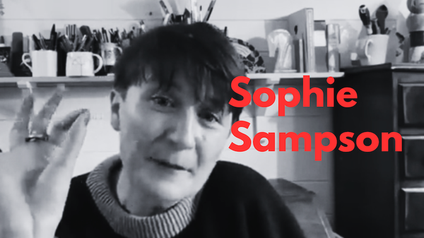 A black and white screengrab of Sophie Sampson