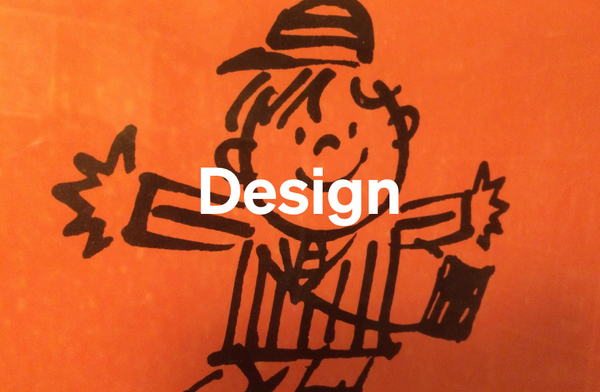 An illustrated schoolboy with the word Design superimposed