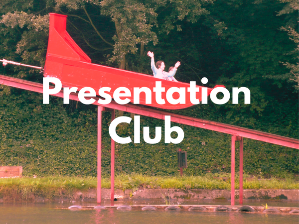 A visual of a huge waterslide with the words Presentation Club superimposed
